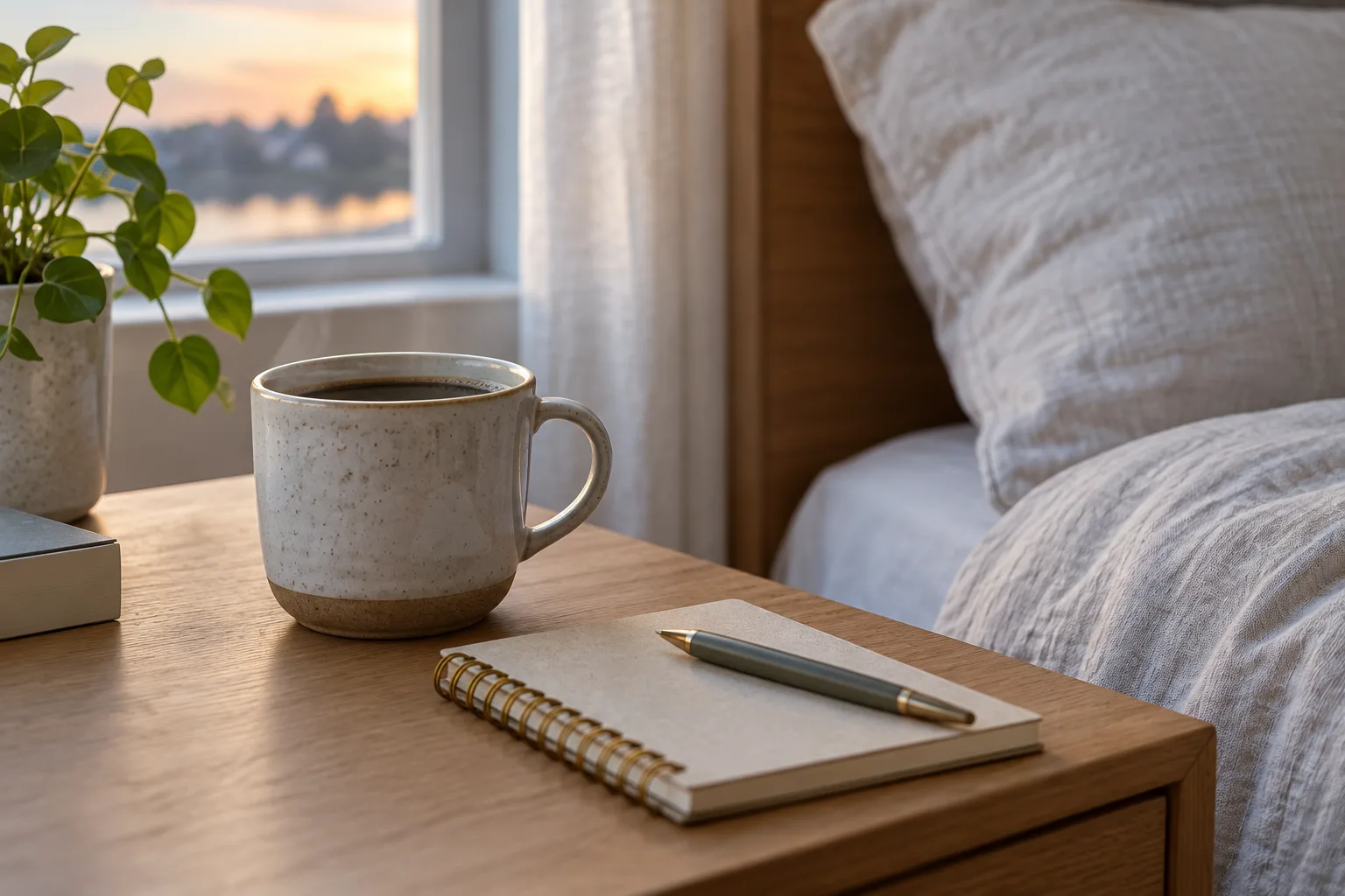Une tasse de café posée près d’un carnet sur une table en fin de journée.