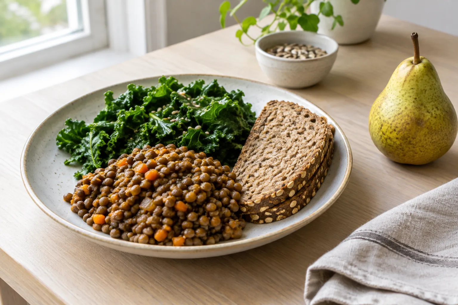 Un repas composé de lentilles, de légumes, de pain complet et d’une poire.