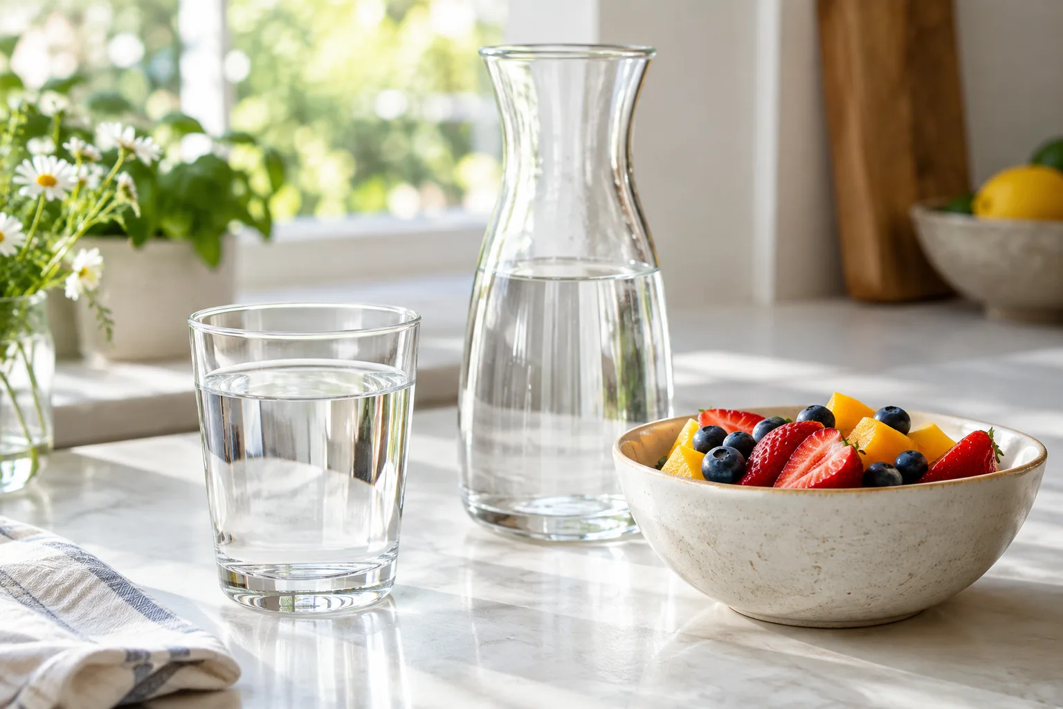 Un verre d’eau et une carafe posés près de fruits frais sur une table.