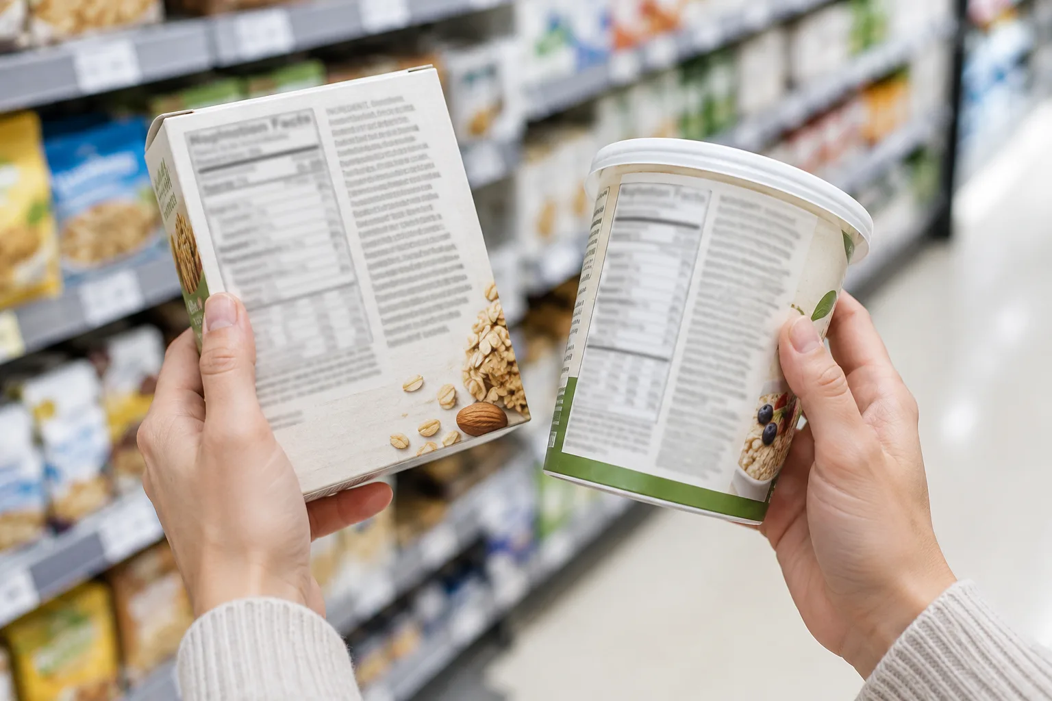 Des mains comparent les étiquettes nutritionnelles de deux produits emballés dans un magasin.