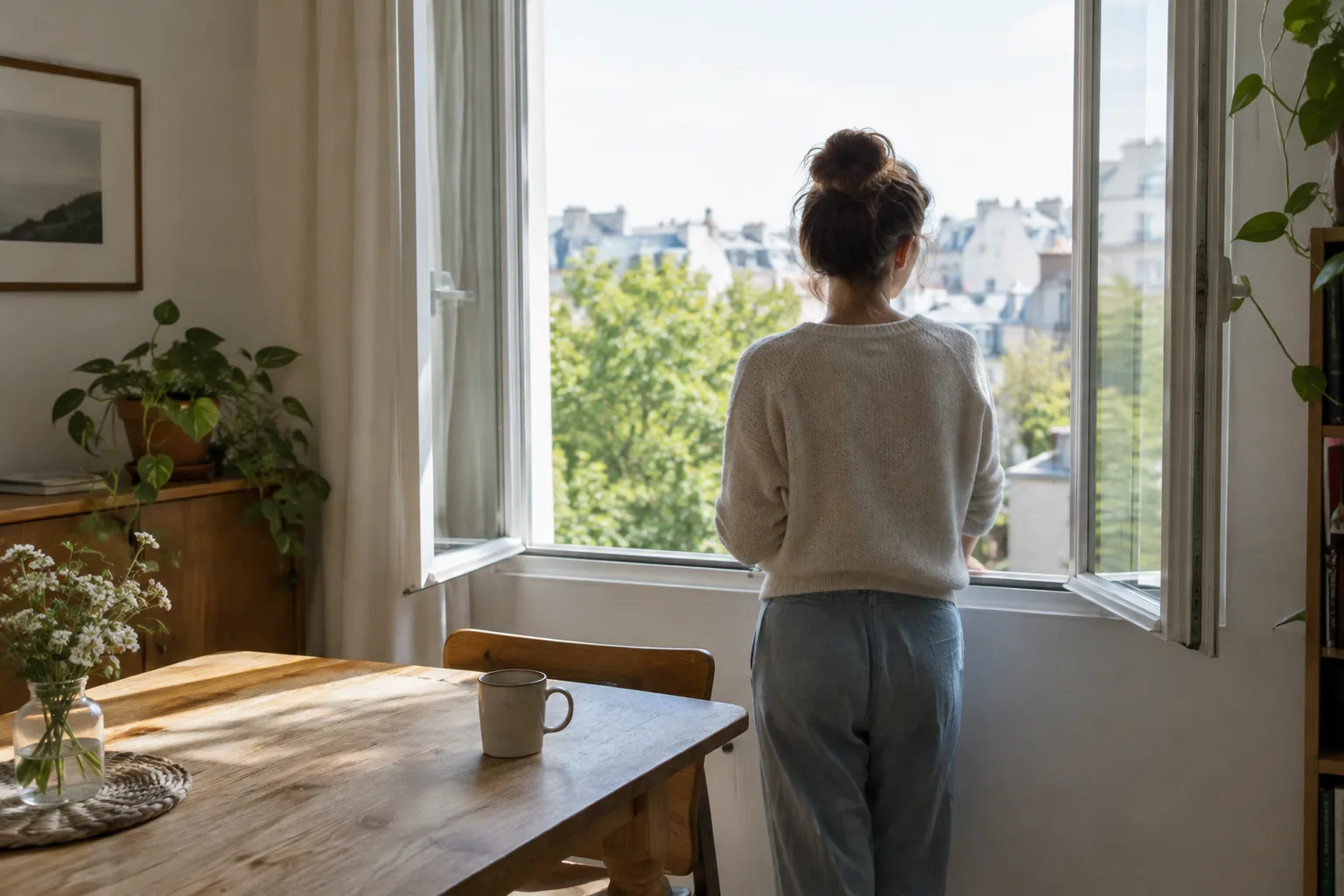 Une personne profite de la lumière du matin près d’une fenêtre ouverte.