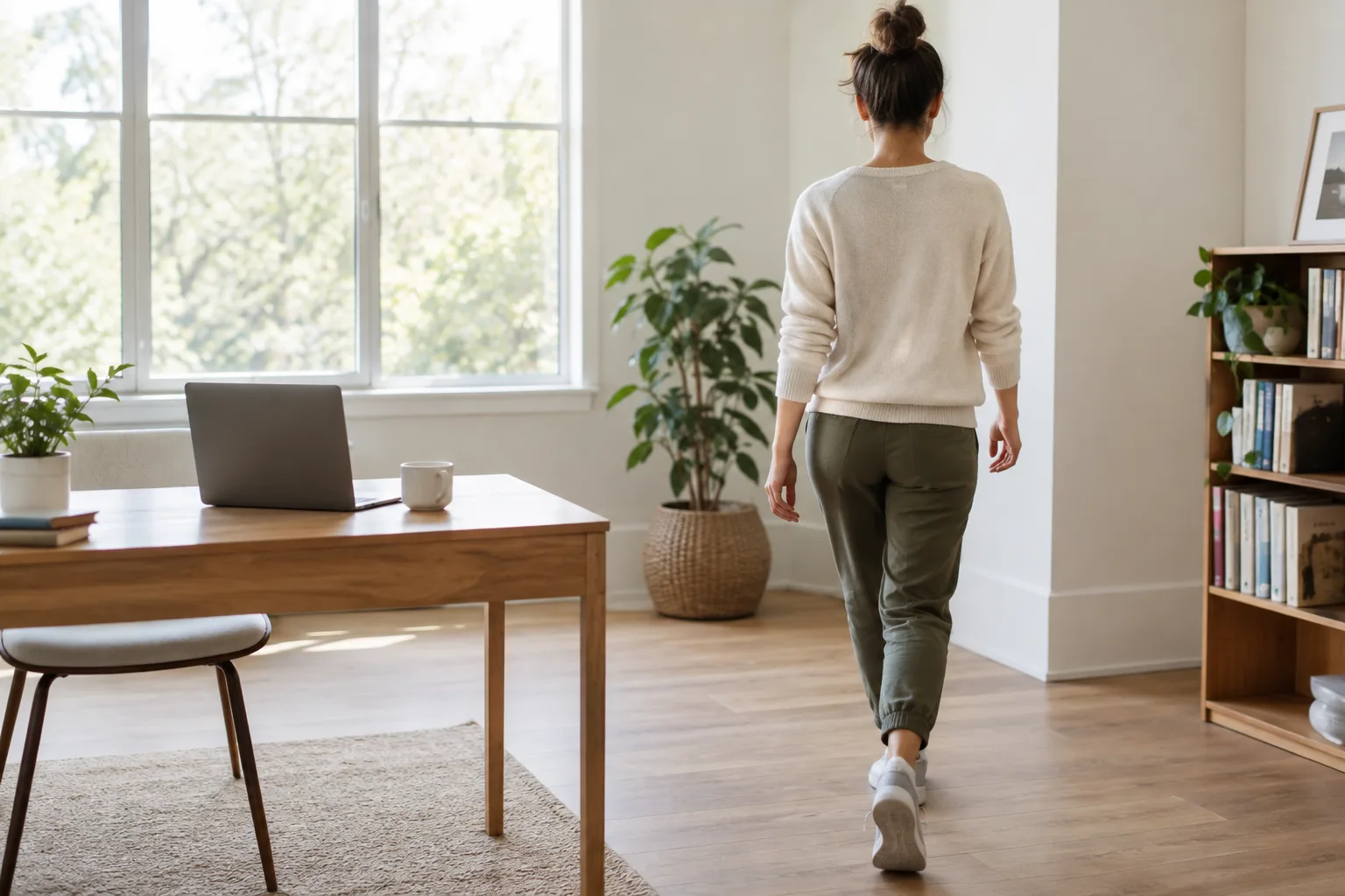Une personne marche quelques instants dans un bureau lumineux aménagé à domicile.