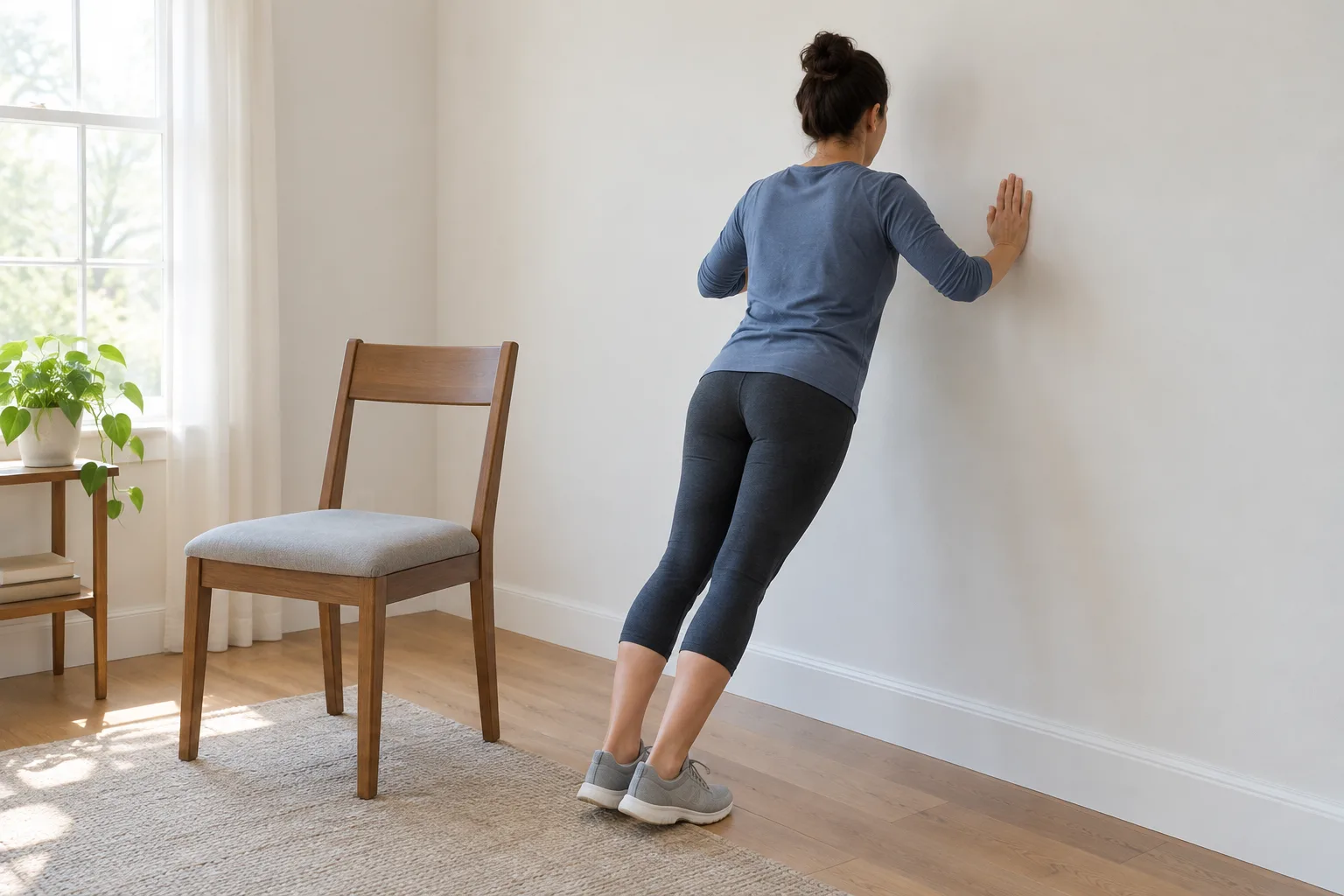 Une personne réalise un exercice de poussée contre un mur près d’une chaise stable.